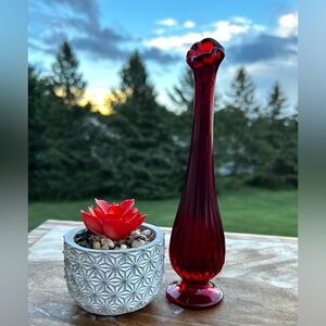 Vintage Ruby Red Pulled Ribbed  Vase